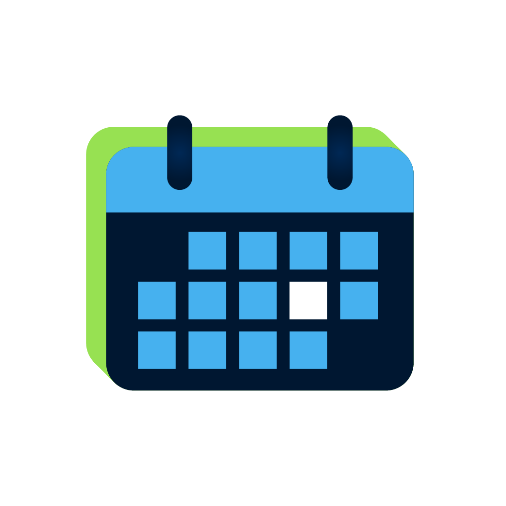 Blue calendar icon with a highlighted white square, outlined in green.